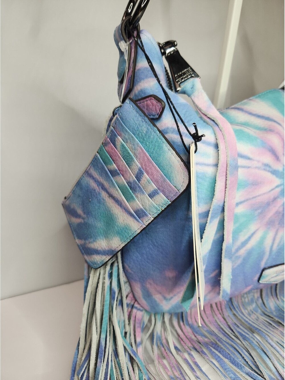 NWT Aimee Kestenberg Kane Convertible Lthr Bag Purse Tie-Dy Blu Pnk fringe RARE! - Picture 7 of 9